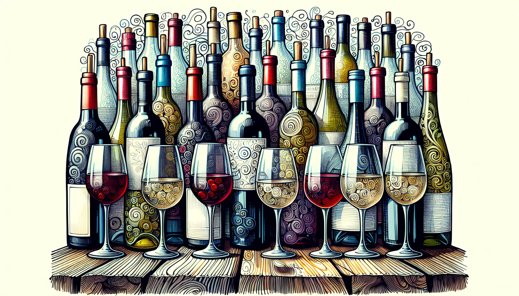 Illustration of a variety of wine bottles and glasses