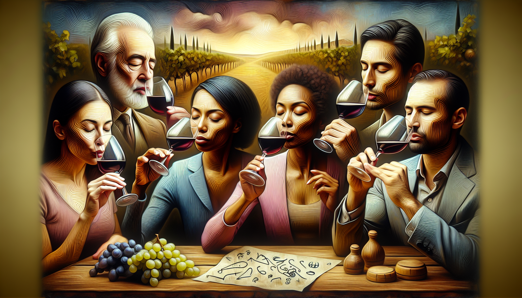 Artistic representation of a group of wine enthusiasts enjoying a tasting experience