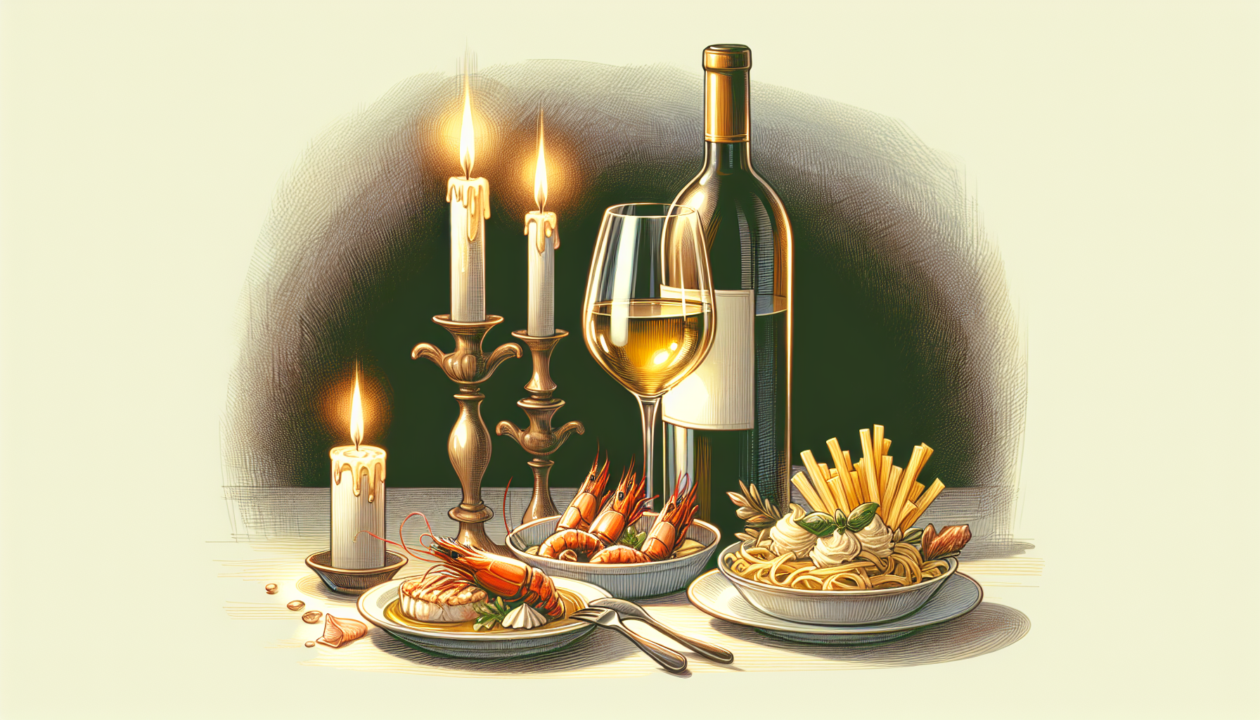 Illustration of a wine and food pairing showcasing the richness of chardonnay with seafood and creamy pasta