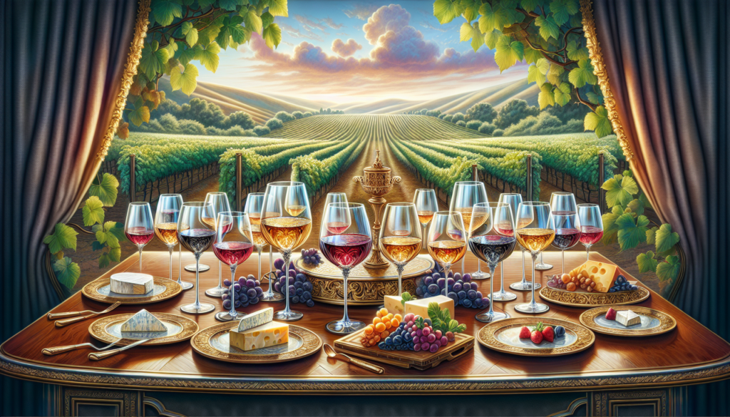 Illustration of a luxurious wine tasting setup with vineyard views