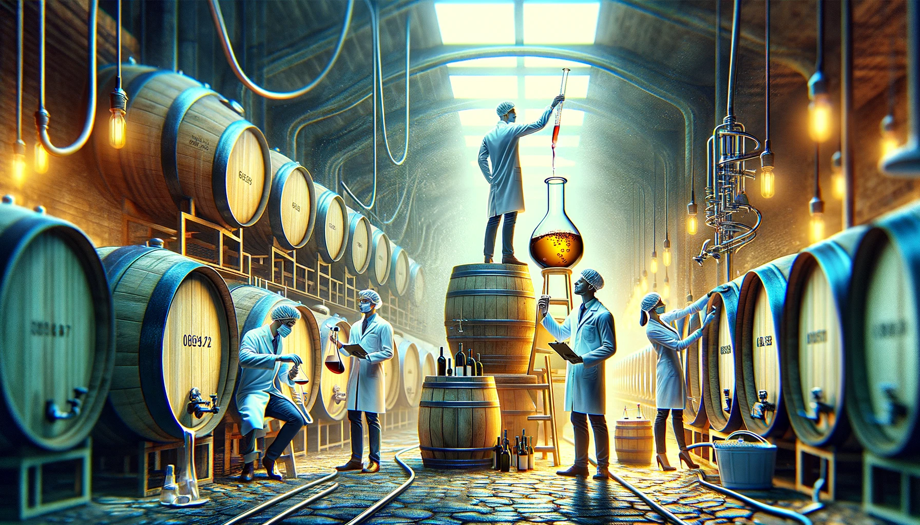 Winemakers testing the acid found in white wine after the alcoholic fermentation process has completed.