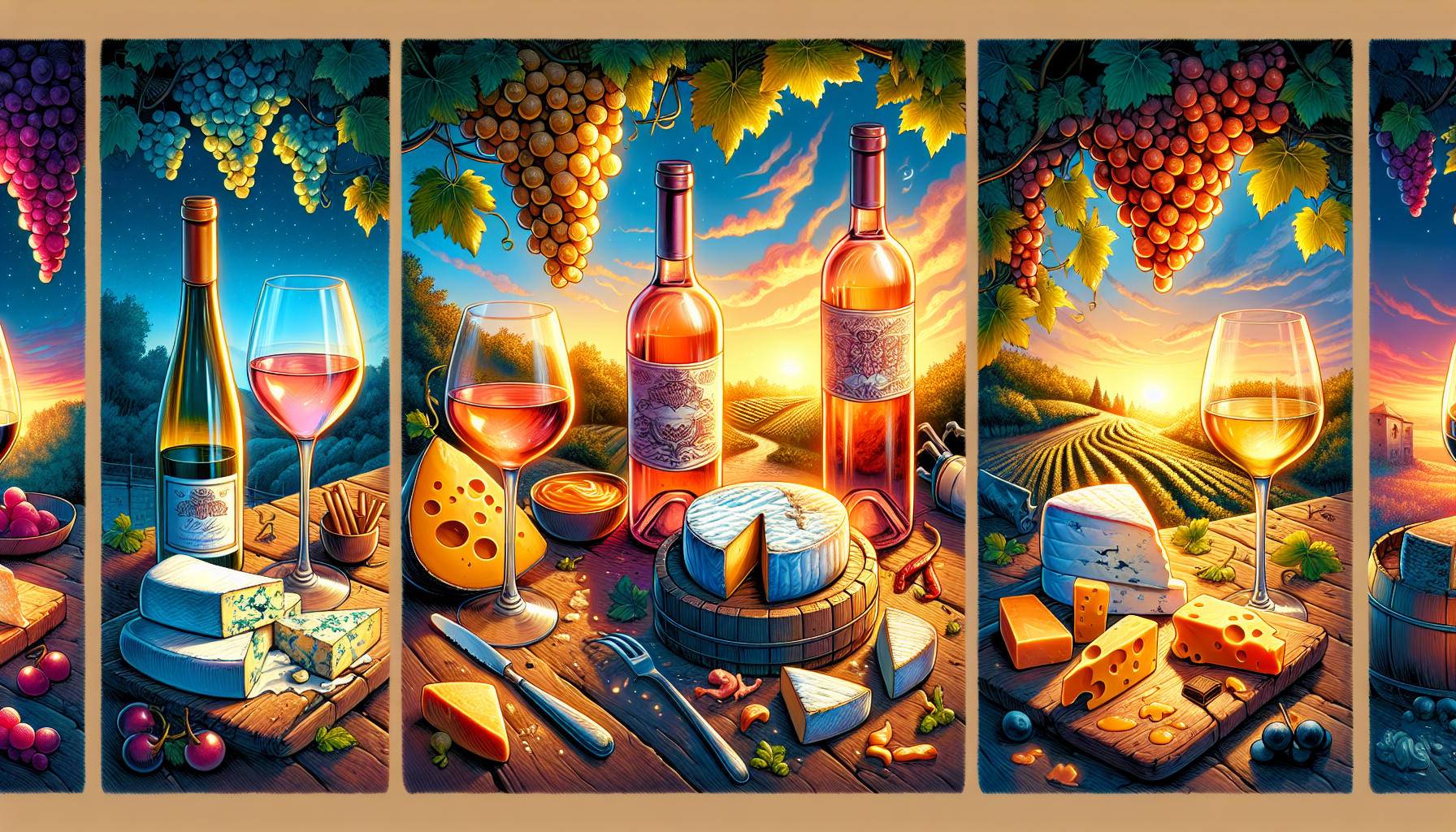 Illustration of adventurous wine and cheese combinations, highlighting delicate flavors with sweeter wines
