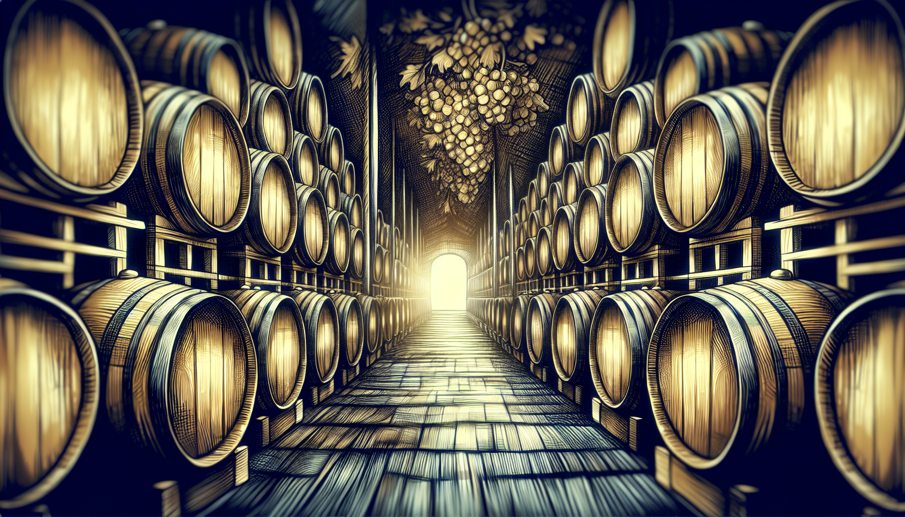 Illustration of oak barrels in a winery, symbolizing the role of oak in crafting delicious wines