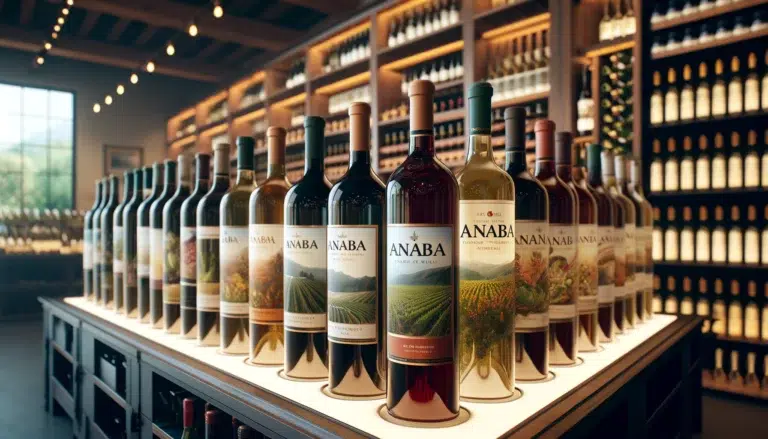 Bottles of Anaba wines on display at Anaba Winery in Sonoma highlighting the variety and quality of their offerings. Photorealistic and high quality 768x439