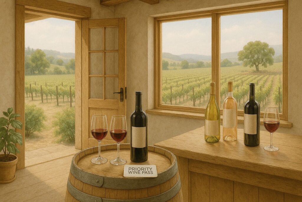 A Priority Wine Pass resting on a wooden barrel beside wine glasses and bottles in a tasting room with a vineyard view through large windows.